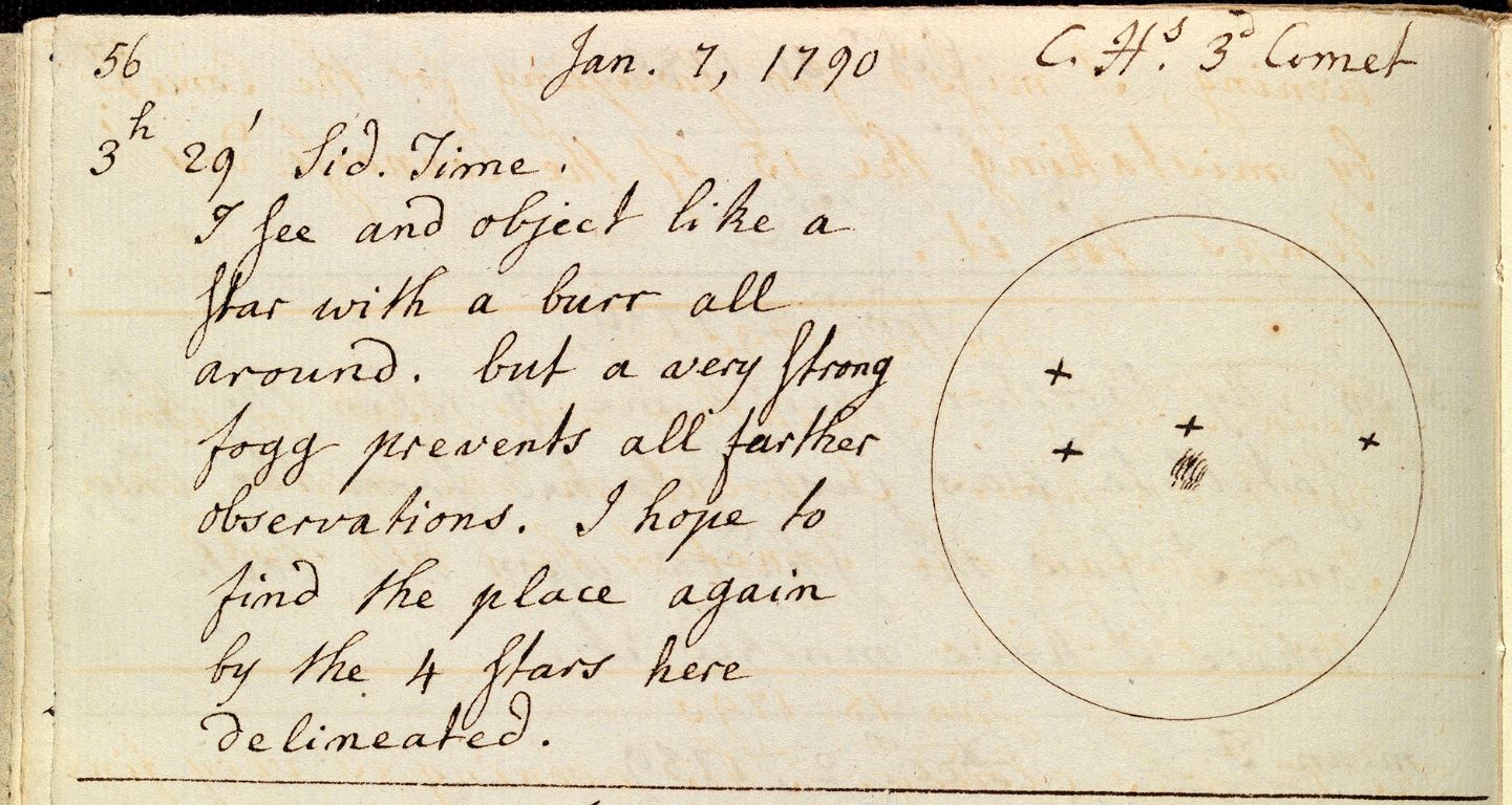 Drawing and observations of a comet by Caroline Herschel, 1790